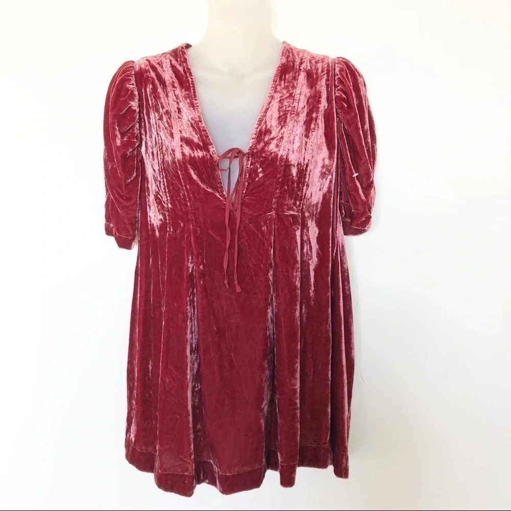 Free People Womens Red Rendevous Velvet Mini Tunic Babydoll Dress Size XS